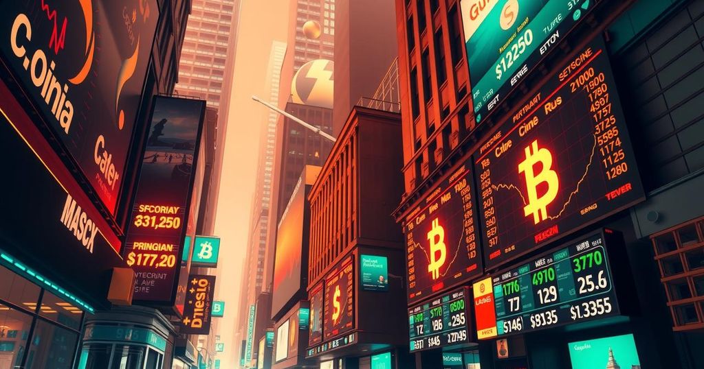 A bustling Wall Street scene with stock tickers, cryptocurrency symbols, and vibrant financial charts in warm colours.