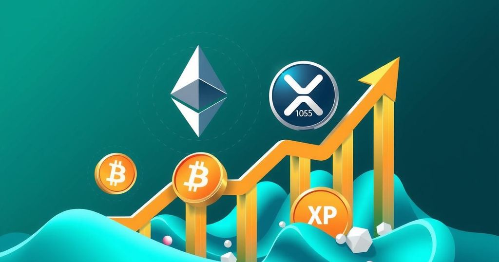A digital representation of Ethereum and XRP poised for growth, with vibrant colours and a modern tech aesthetic.