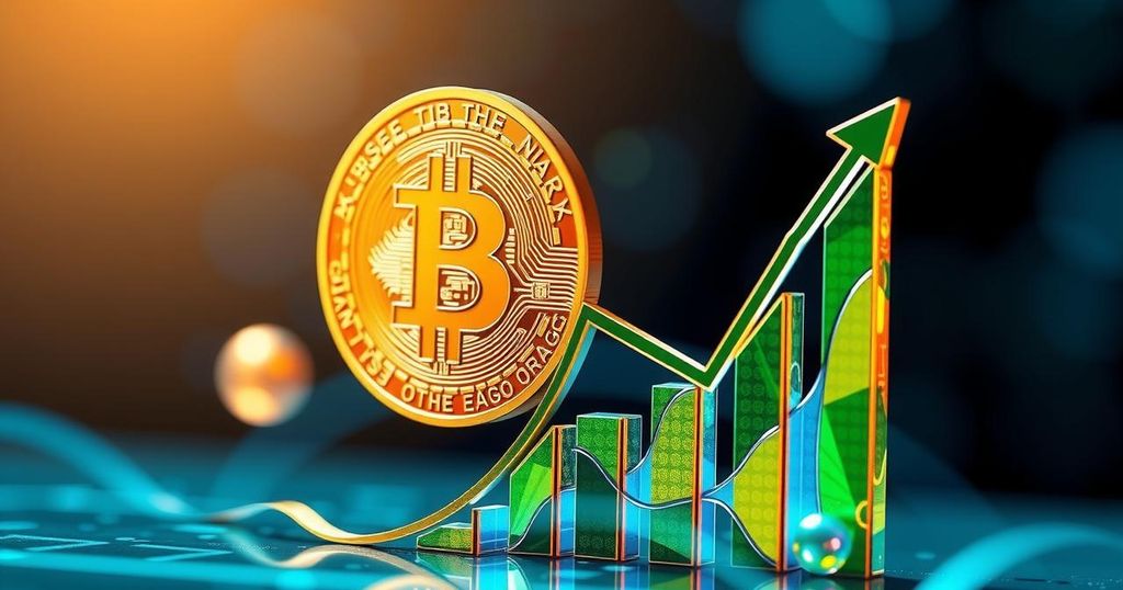 A vibrant digital representation of a Bitcoin rising graph with bullish elements, reflecting optimism in cryptocurrency market.