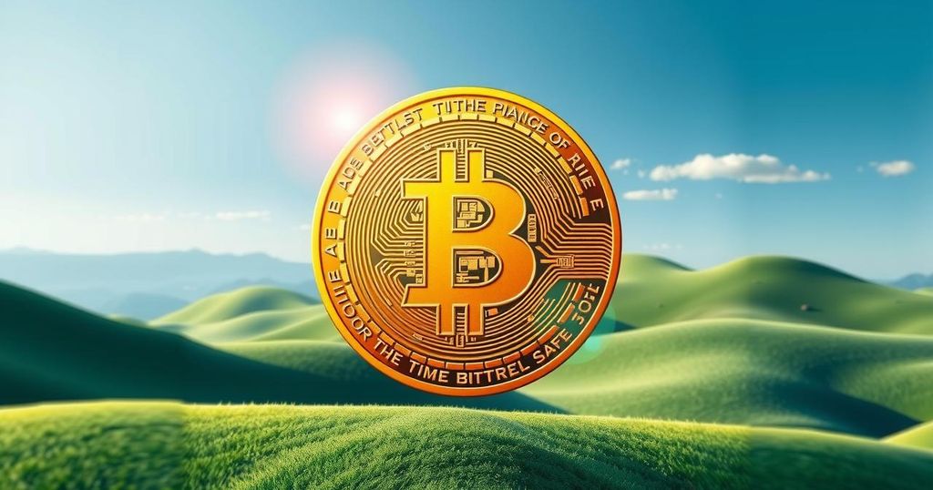 A golden bitcoin symbol on top of a serene landscape, representing financial aspirations and stability in the digital age.