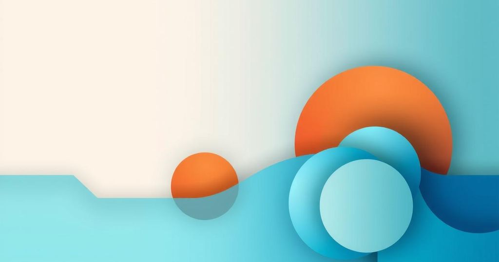 A calm digital landscape with abstract geometric shapes in blue and orange tones, symbolizing trading education.