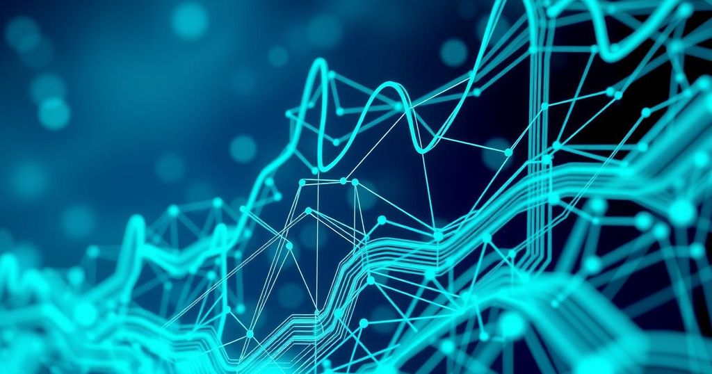 A digital representation of Ethereum's network activity surge with abstract circuit designs and a vibrant blue and green color scheme.