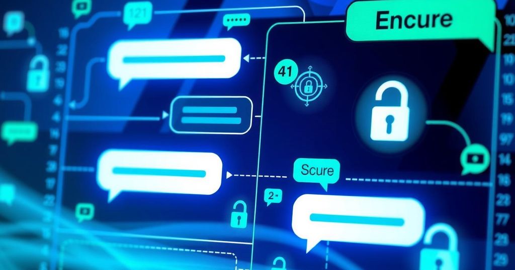 A digital conversation interface with encryption symbols, showcasing vibrant colours and a modern design.