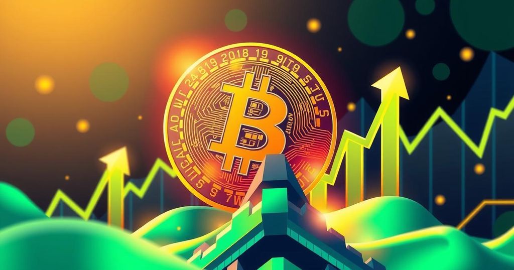 A digital representation of Bitcoin cryptocurrency with bullish indicators and a graph trend showing upward momentum.