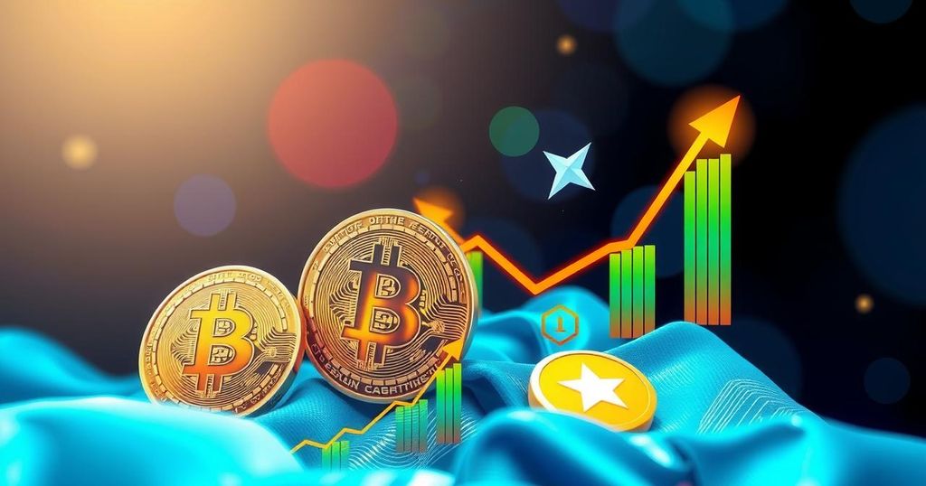 Bullish cryptocurrency market with rising charts, Bitcoin and Stellar symbols, vibrant colours
