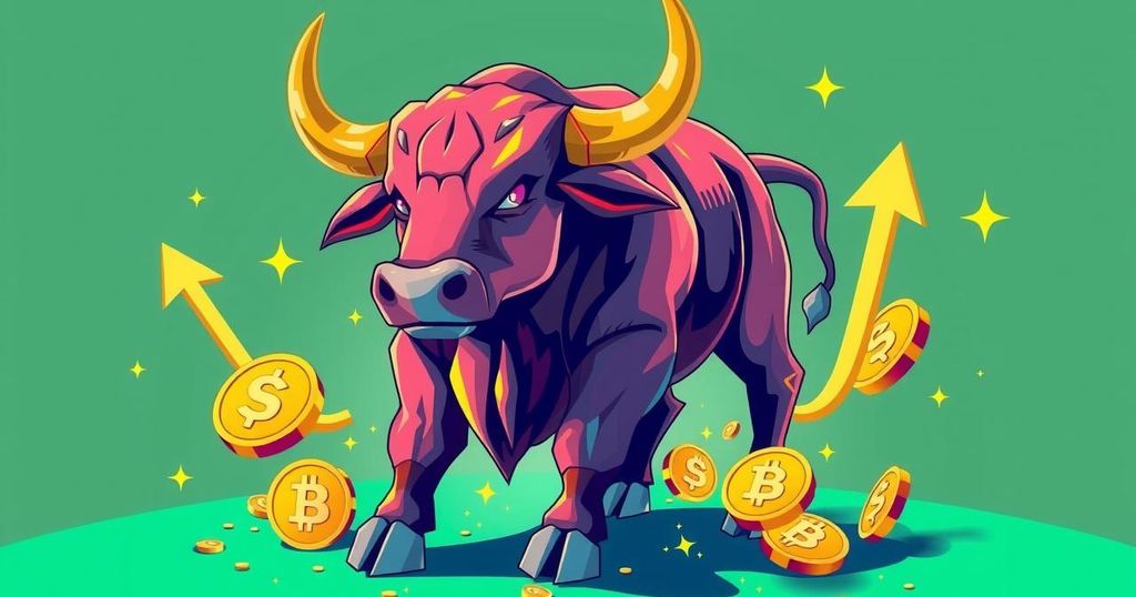 A bull representing optimism, surrounded by monetary symbols and upward arrows, set in vibrant colours reflecting market activity.