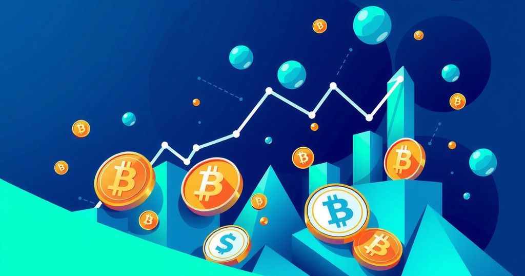 A stylised digital artwork depicting cryptocurrency trends, with bold lines and a vibrant blue and green colour scheme.