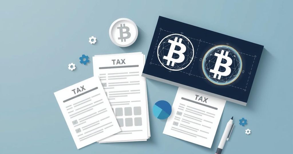 A digital abstract representation of cryptocurrency enforcement, featuring blockchain motifs and tax documents in muted tones.