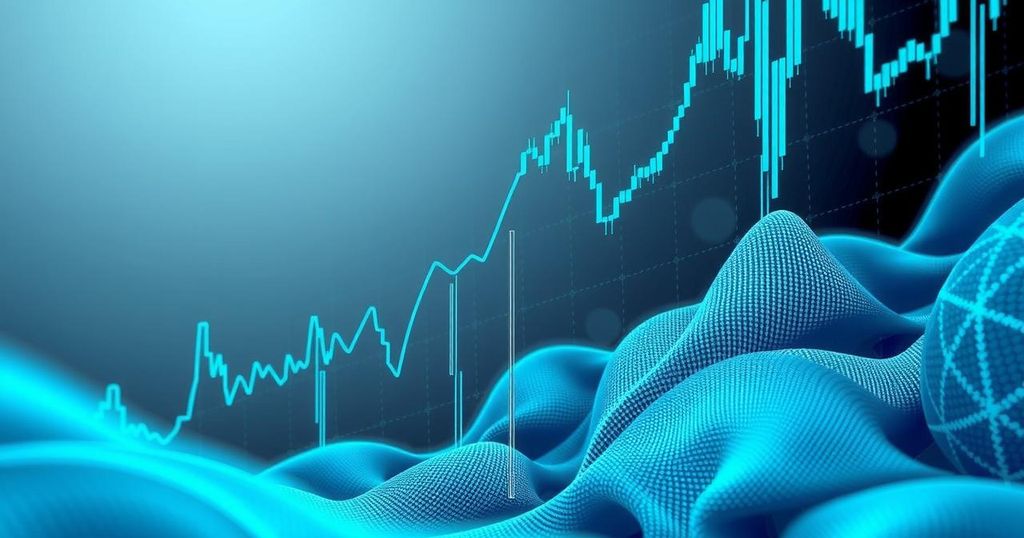 Abstract representation of cryptocurrency market volatility with downward trends and digital elements in hues of blue.