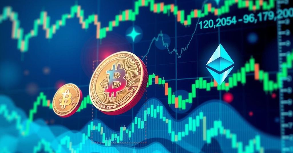 A digital representation of Bitcoin and Ethereum on fluctuating charts, with abstract crypto symbols and vibrant colour scheme.