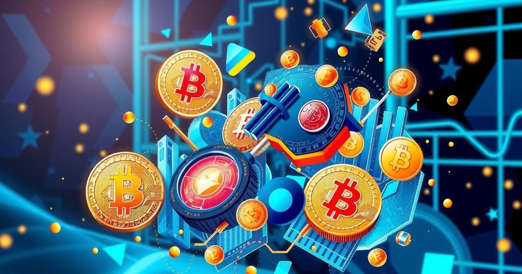 A vibrant collage of cryptocurrency elements in a futuristic style, featuring Bitcoin and financial symbols in blue and gold hues.