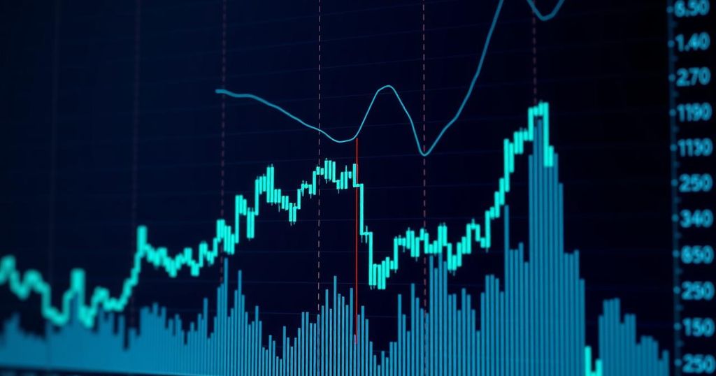 A stylised digital trading chart with upward and downward trends in blue and green against a dark background.