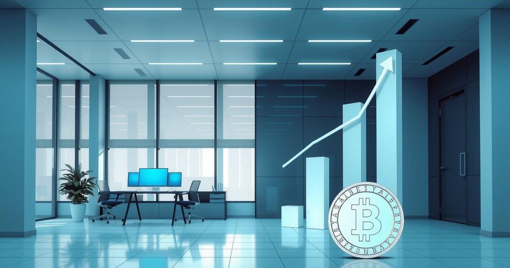 Abstract representation of financial growth with rising graphs, digital currencies, and a modern office setting.