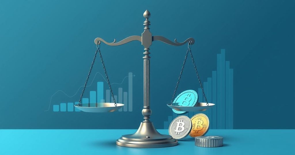 Abstract representation of legal conflict around cryptocurrency regulations, featuring scales and digital symbols in blue tones.