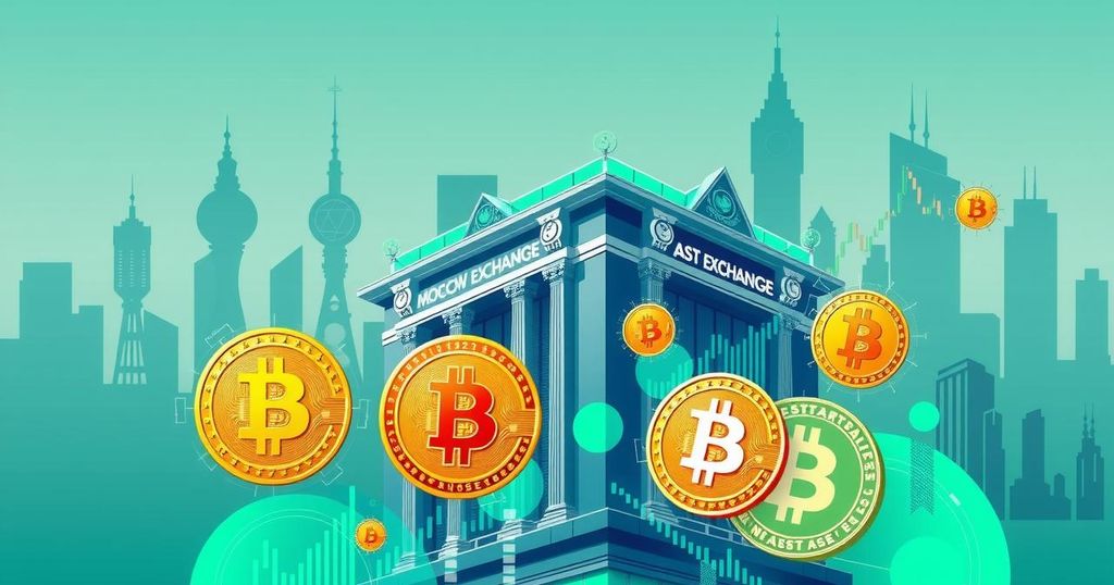 Moscow Exchange with Bitcoin futures contracts, featuring a modern skyline and crypto-themed elements in green and blue hues.