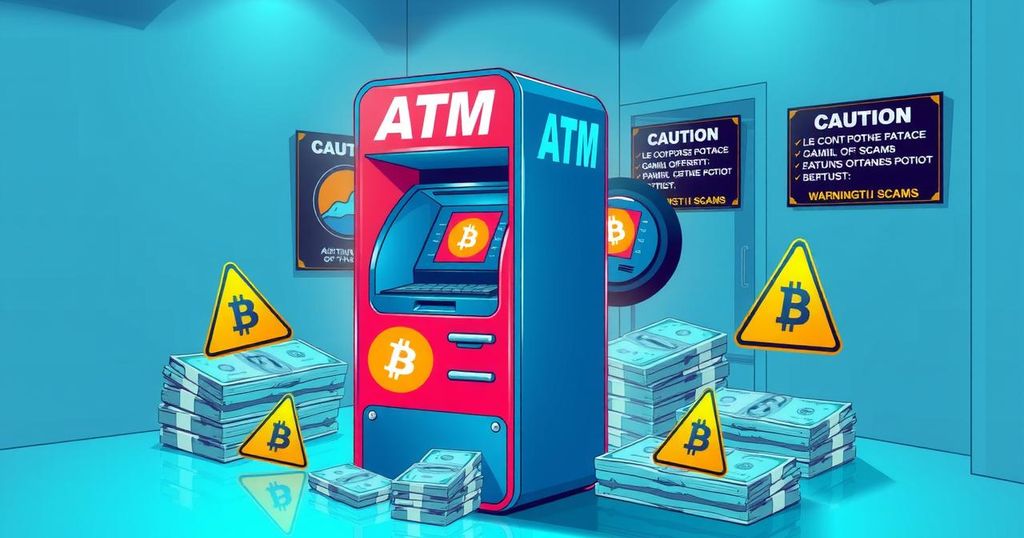 A Bitcoin ATM kiosk with money displayed around, surrounded by caution symbols, in a vibrant digital art style.