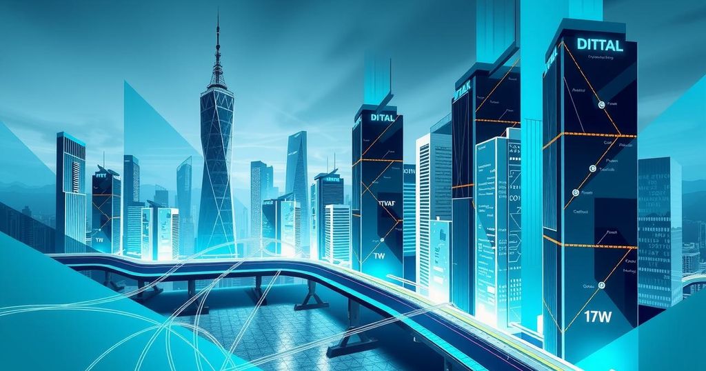 A dynamic scene depicting blockchain technology with modern buildings in a digital landscape, in a futuristic style with cool tones.
