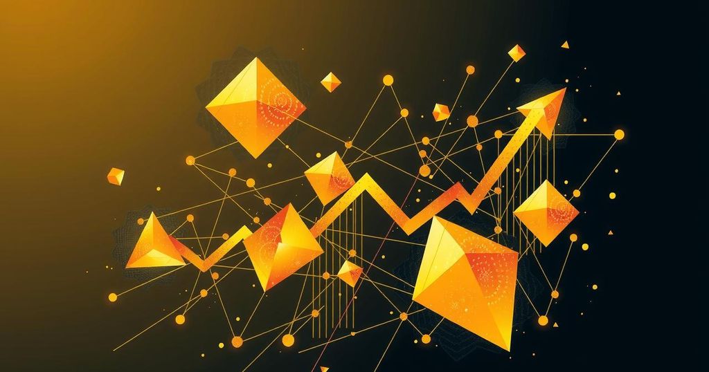 Abstract representation of cryptocurrency trading with geometric shapes and a gold colour scheme, evoking financial growth.