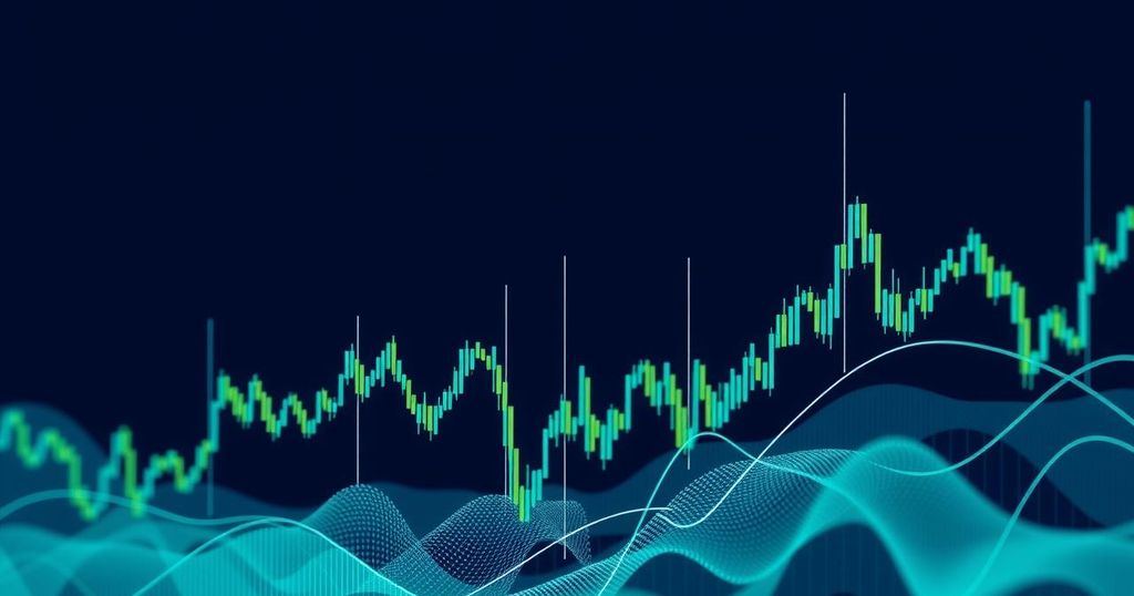 A digital abstract representation of cryptocurrency trends with a dark blue and green colour scheme, depicting fluctuating lines.