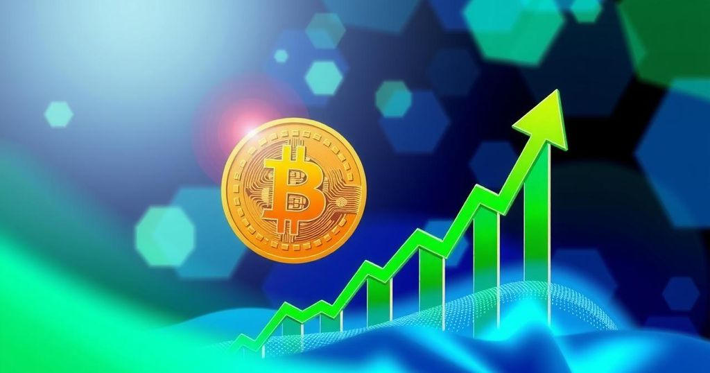 Bullish trend in cryptocurrency market with Bitcoin price chart and ascending arrows, in vibrant blue and green tones.