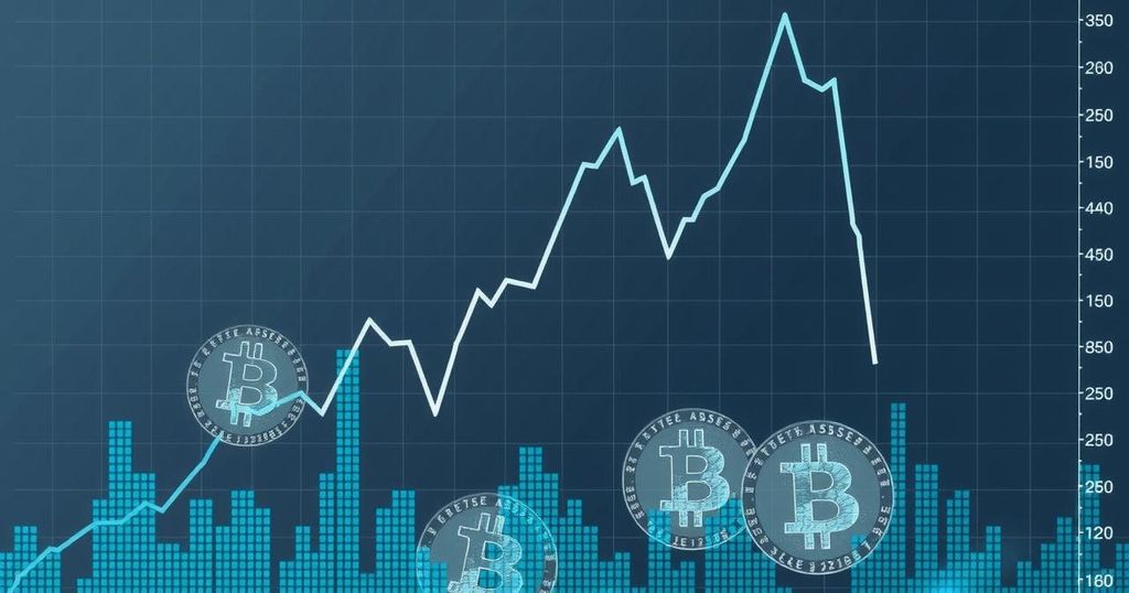 Cryptocurrency market dip represented by a downward trend line and Bitcoin symbols in muted colours.