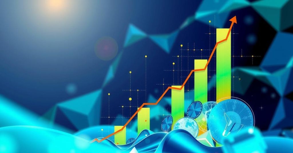 A rising graph symbolising financial progress in cryptocurrency, set against a dynamic blue and green background.