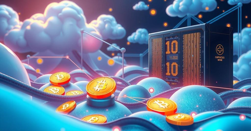 A futuristic digital landscape representing cryptocurrency and cloud mining, with abstract elements and vibrant blue hues.