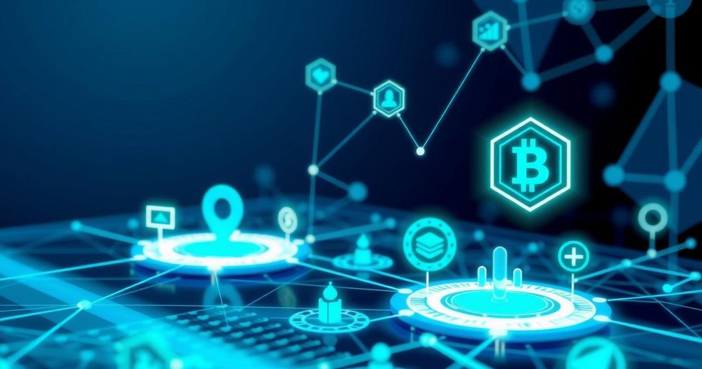 Digital asset platform with abstract blockchain symbols and vibrant colours representing innovation in finance.
