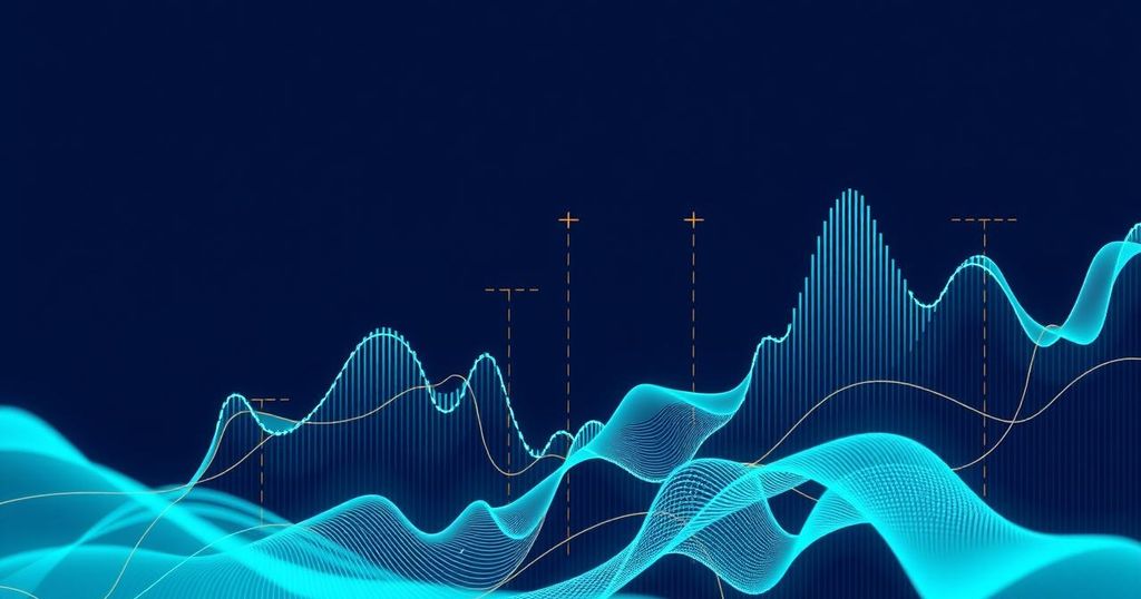 Abstract representation of bitcoin market cycles with data visualization in a cool colour palette.
