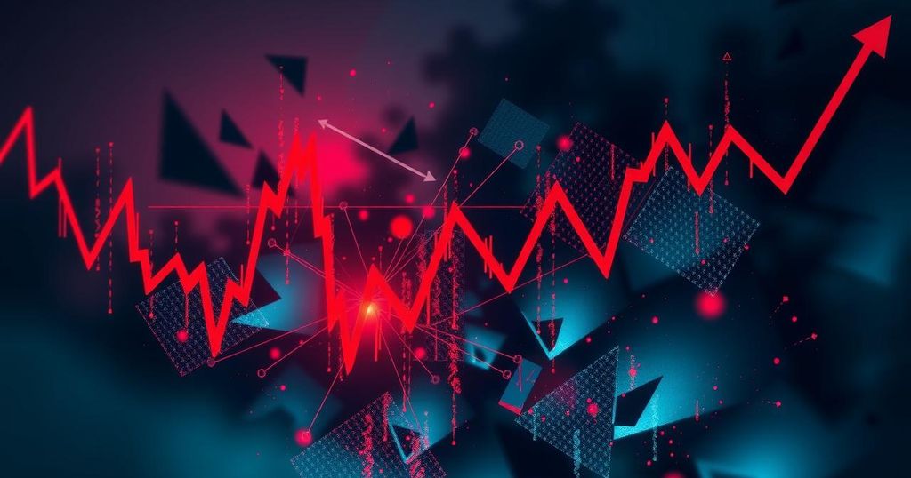 A digital art representation of a volatile cryptocurrency market showing downward trends and panic selling with abstract shapes.