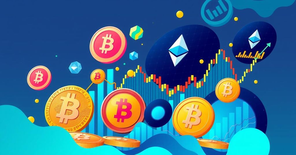 Cryptocurrency market trends and updates with various digital coin graphics and charts, vibrant colours, and data visuals.