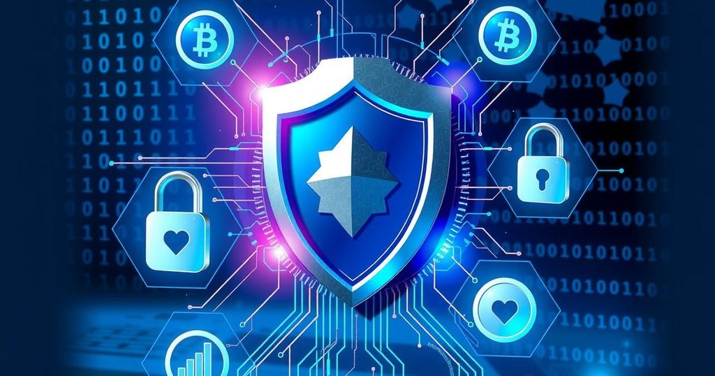 A digital art representation of cryptocurrency safety with a shield surrounded by symbols of technology and security.