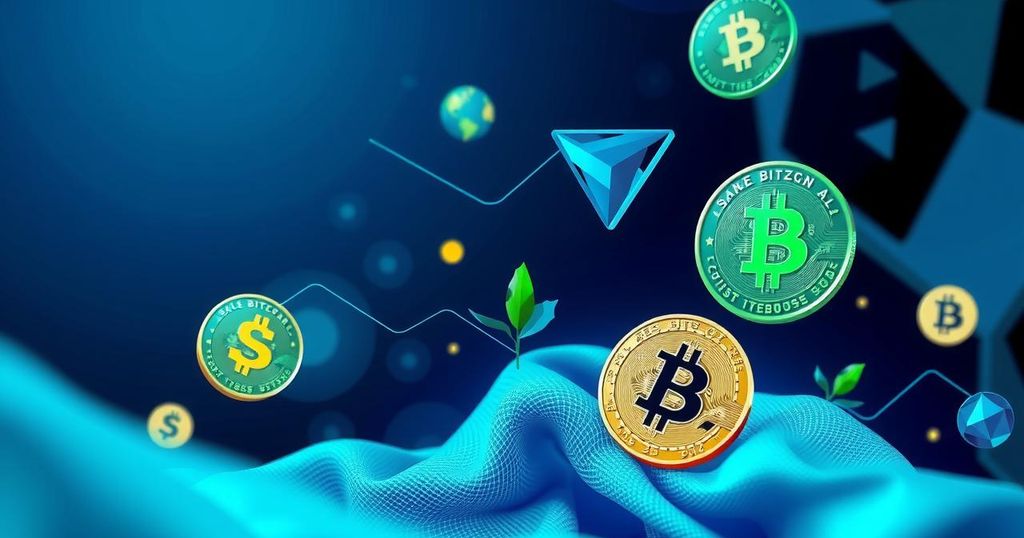Abstract representation of cryptocurrency growth, showcasing vibrant colours and crypto symbols against a tech-inspired background.
