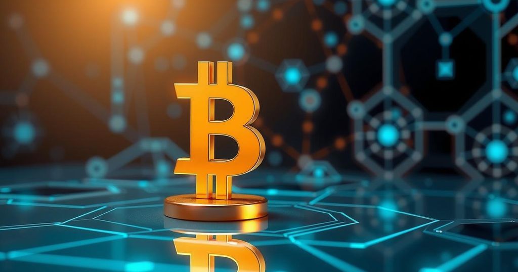 Bitcoin symbol represented in gold on a reflective surface under soft light with a futuristic digital feel.