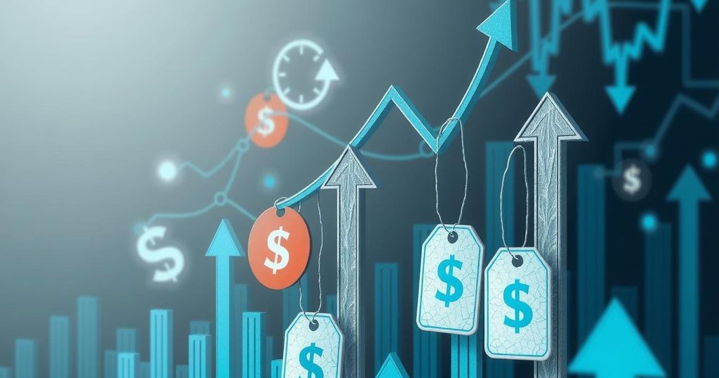 A digital representation of fluctuating Bitcoin prices with a muted colour palette and abstract financial elements.