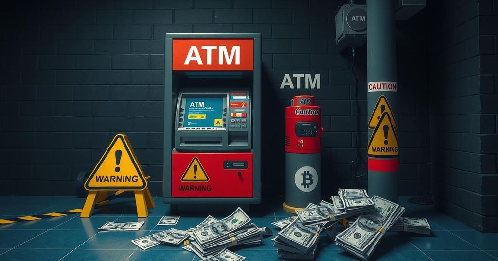 A visual representation of crypto ATM regulations with warning signs and money elements, showcasing the theme of caution in digital finance.