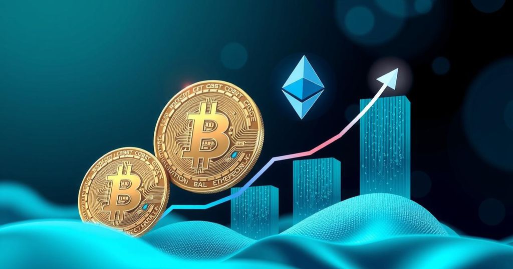 Abstract representation of rising cryptocurrency values with Bitcoin and Ethereum symbols, blue and green colour scheme.