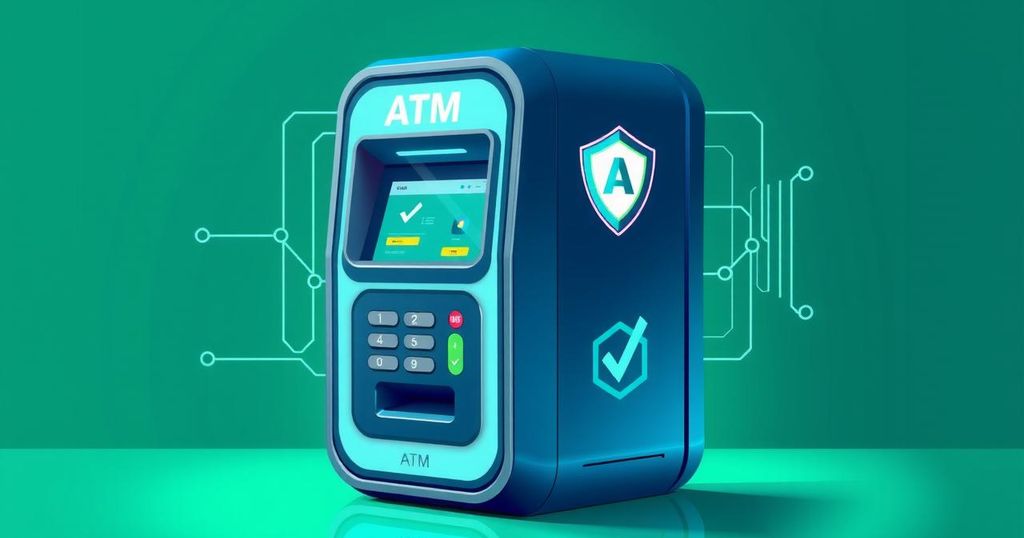 A graphic representation of a crypto ATM with compliance symbols in a modern style, featuring green and blue tones.