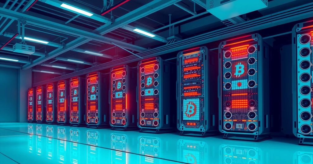 A digital art representation of Bitcoin mining, showcasing mining rigs illuminated in a cool colour palette with vibrant accents.