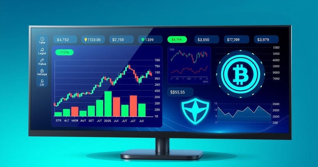 A sleek trading platform interface showcasing digital assets and secure transactions in a vibrant, modern display.