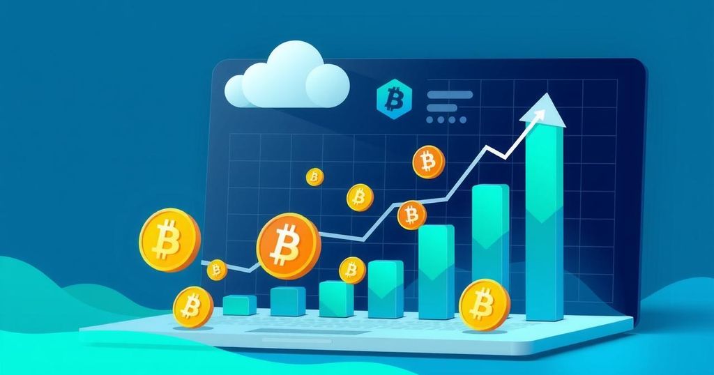 Cloud mining platform visualizing user growth and crypto activity with Bitcoin graphics in vibrant, modern colours.
