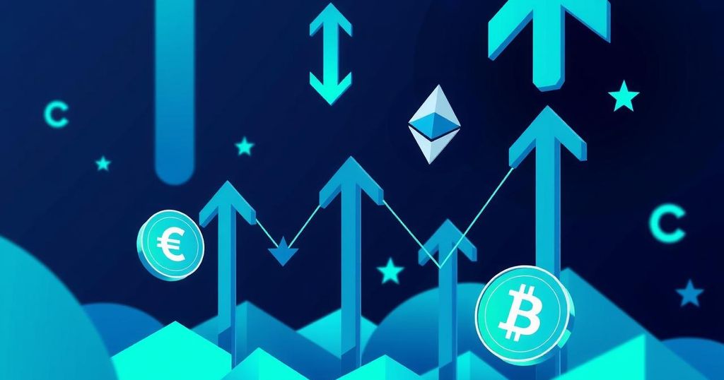 Abstract representation of cryptocurrency market fluctuations, featuring downward arrows and digital currency symbols.