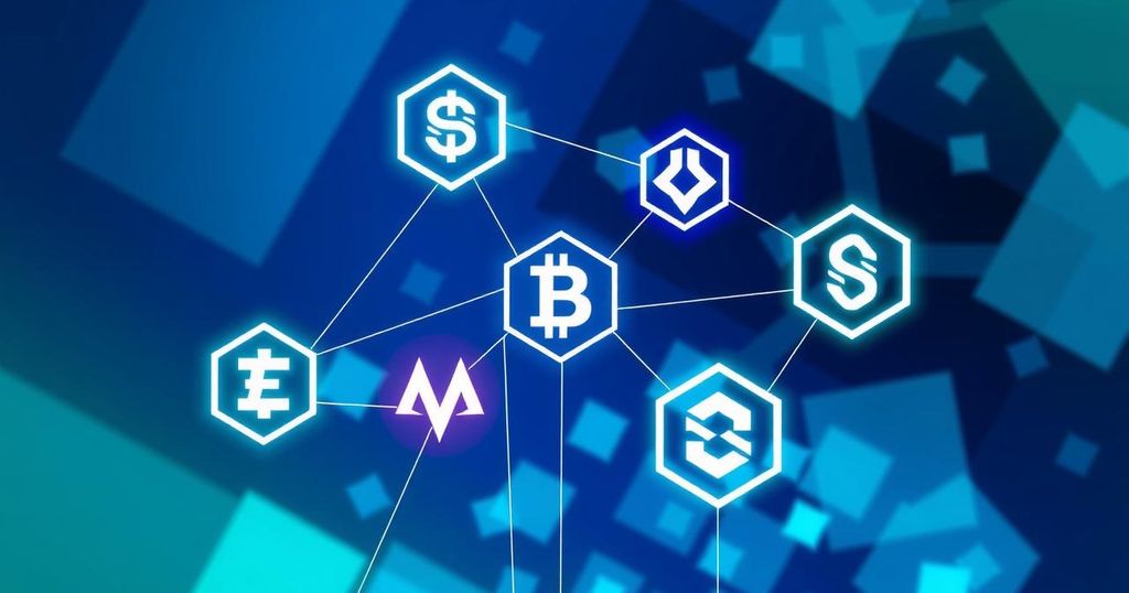 A digital illustration of interconnected blockchain networks in vibrant blues and greens representing collaboration in crypto.