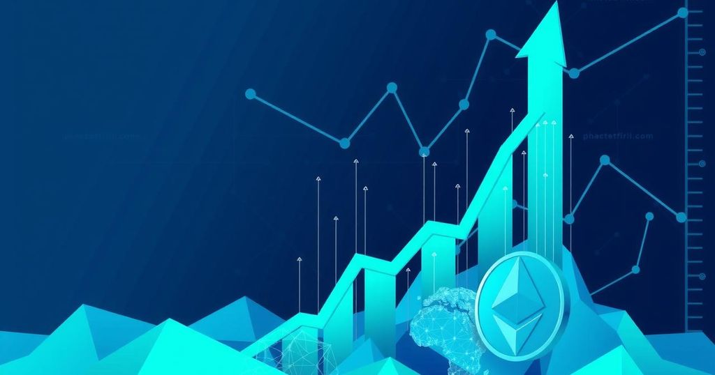 A rising graph representing ether price surge with abstract cryptocurrency elements in a blue and green colour scheme.