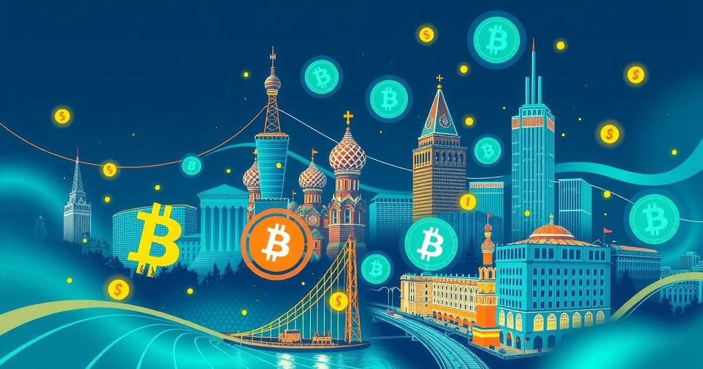 Moscow cityscape with cryptocurrency symbols in vibrant colours, reflecting financial innovation and growth.