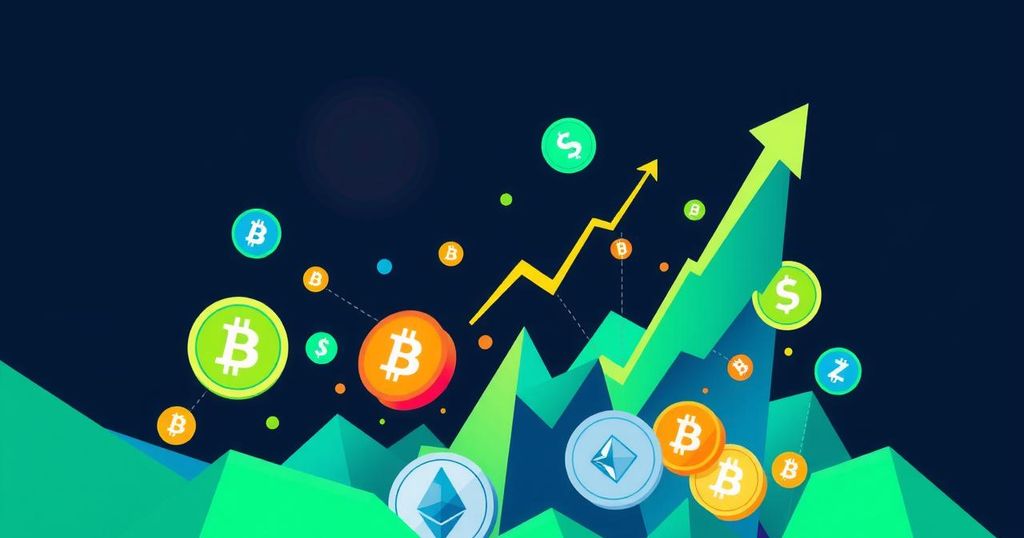 A vibrant graphic showing a rising stock chart with cryptocurrency symbols and financial icons in a modern style.