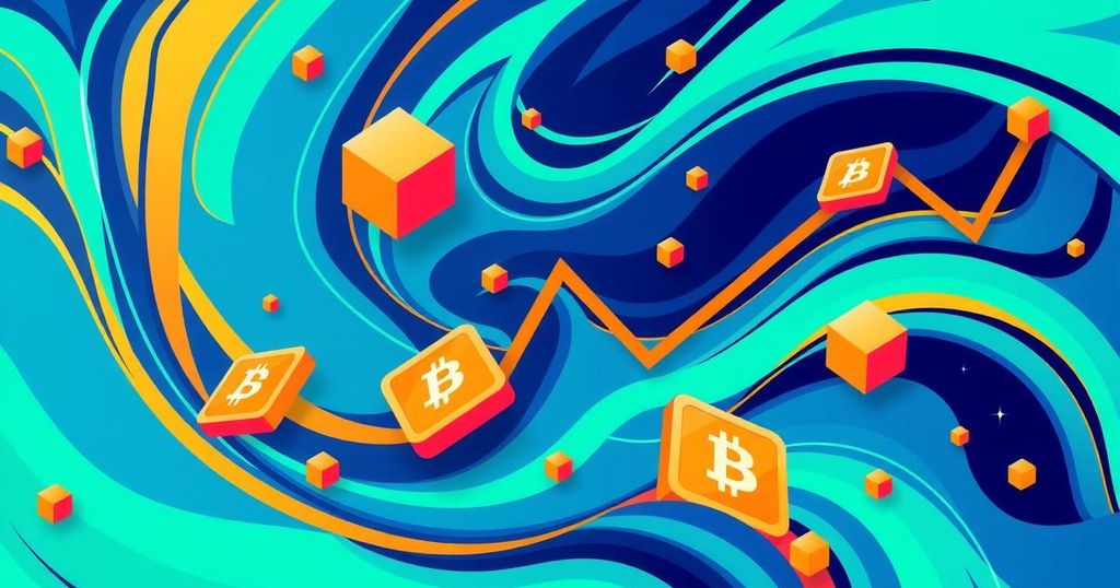 A dynamic abstract illustration depicting cryptocurrency market trends with vibrant colours reflecting volatility.