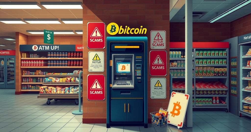 A Bitcoin ATM surrounded by warning signs and a grocery store environment, emphasising scam awareness.