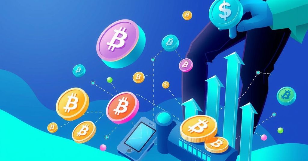 A conceptual representation of a stablecoin payroll integration with digital currency icons and blockchain elements.