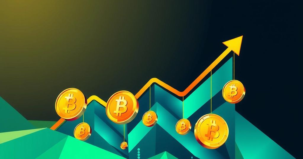 A vibrant abstract cryptocurrency market with coin symbols, upward trends, and a dynamic colour palette.